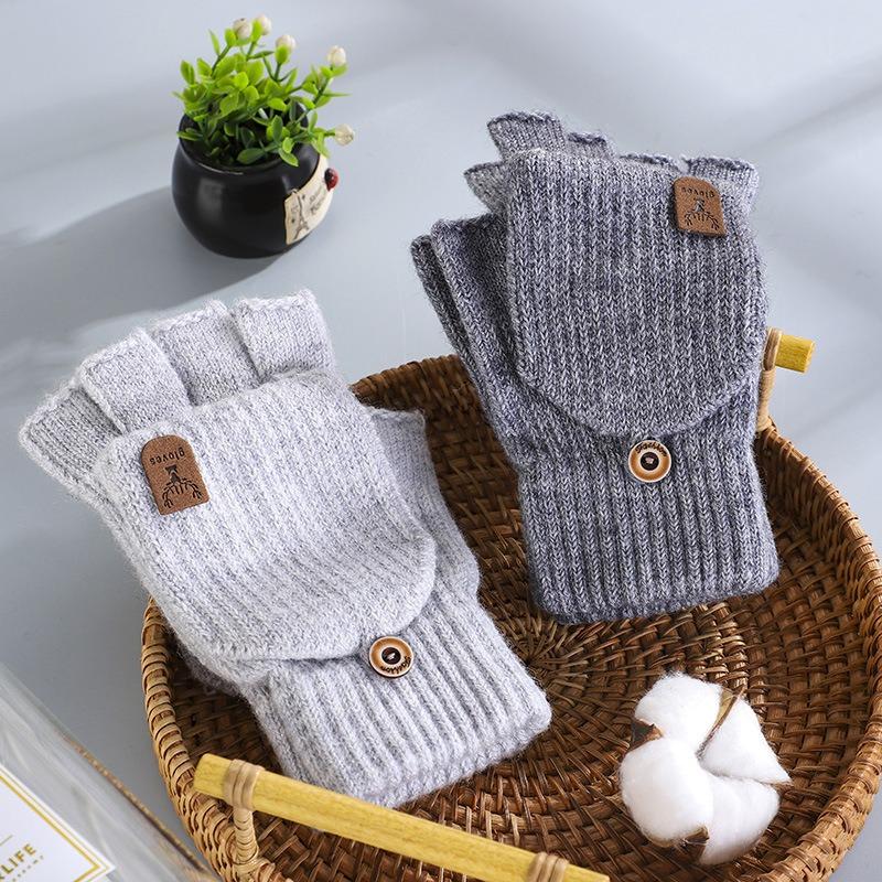 Wool Half-finger Wool Gloves Winter Knitted Warm Men's and Women's Flip Deer Keyboard Dual-purpose Couple
