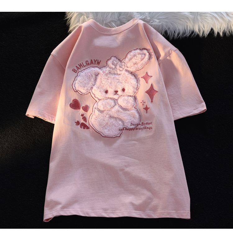 Women's Summer Heavyweight Embroidered Cartoon Rabbit Cotton T-Shirt – Loose, Short-Sleeved Design