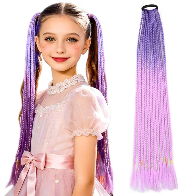 Braided Ponytail Hair Extensions 24 Inch Colorful Box Braids with Rubber Bands Synthetic Hairpieces for Girl  Women Accessories Crazy Hair Day