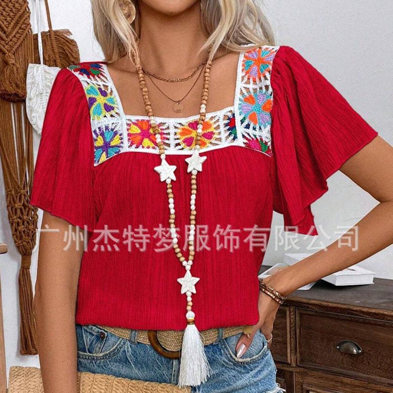Women Spring Summer Square Neck Crochet Flower Lacework Short Sleeve Pullover Shirt