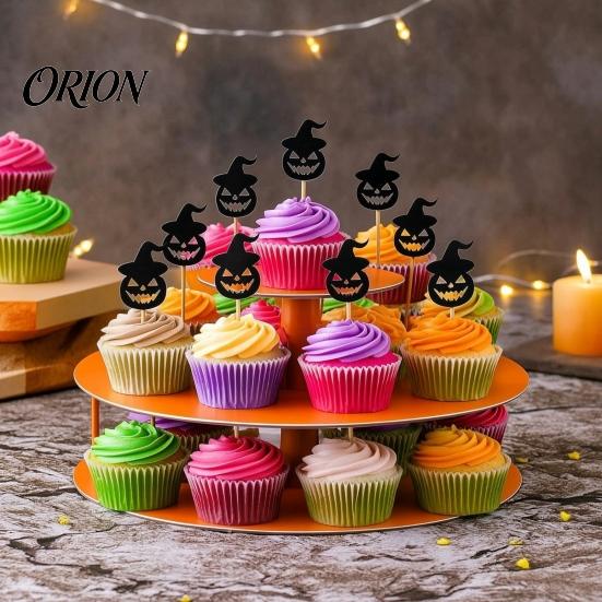 Halloween Cake Topper 8 Pcs Cupcake Toppers, Black Glitter Witch Hat Pumpkin Safe Food Contact Decoration Picks for Party Supplies, Birthday