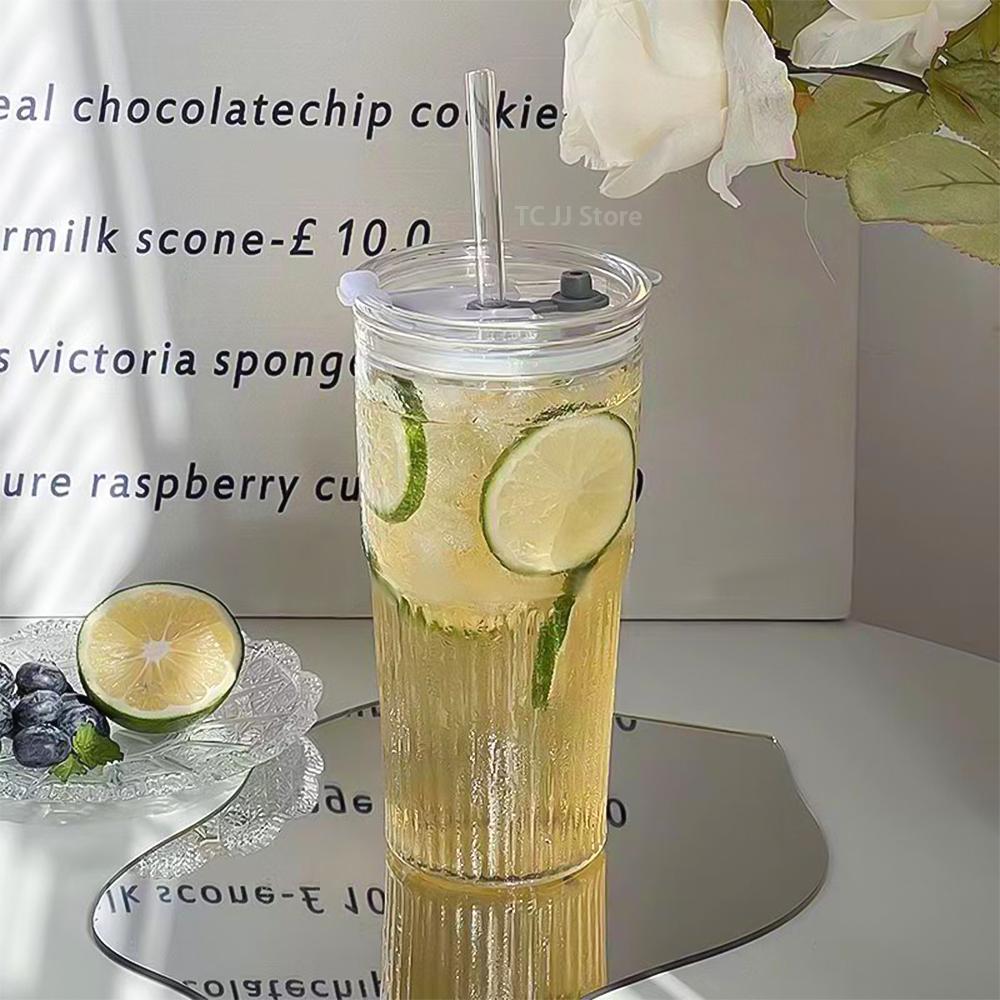 

600 мл полосатый стеклянный стакан с крышкой и трубочкой прозрачные холодные питьевые стаканы кружка для кофе со льдом сока молока чая воды чашки посуда для напитков 600ML