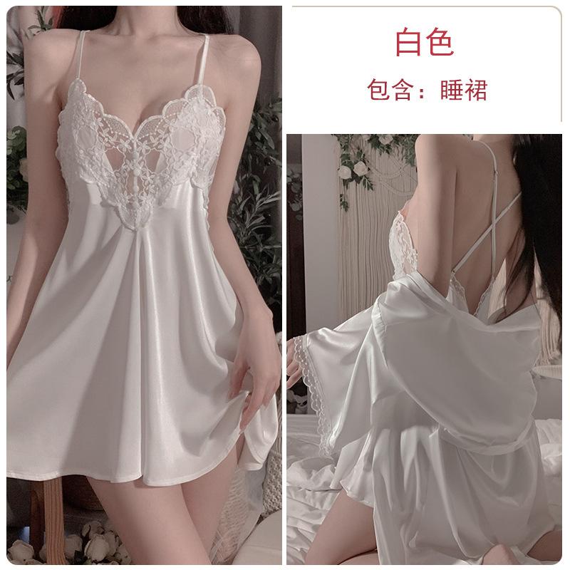 Sexy Cross Backless Deep V Seduction Lace Splicing Satin Nightdress Robe Women's Home Suit