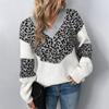 Women's  Solid Color Patchwork Leopard Print Long Sleeve Pullover Women's Knit Sweater