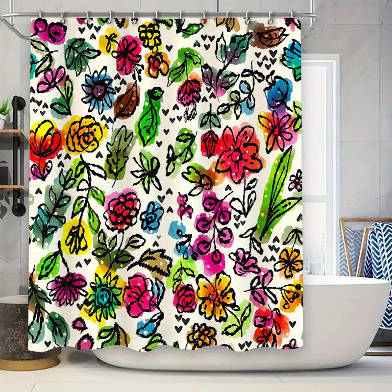 Watercolor Flowers Shower Curtain Multicolor Floral Decorative Bathroom Accessory Modern Waterproof Fabric with Hooks for Bathtu