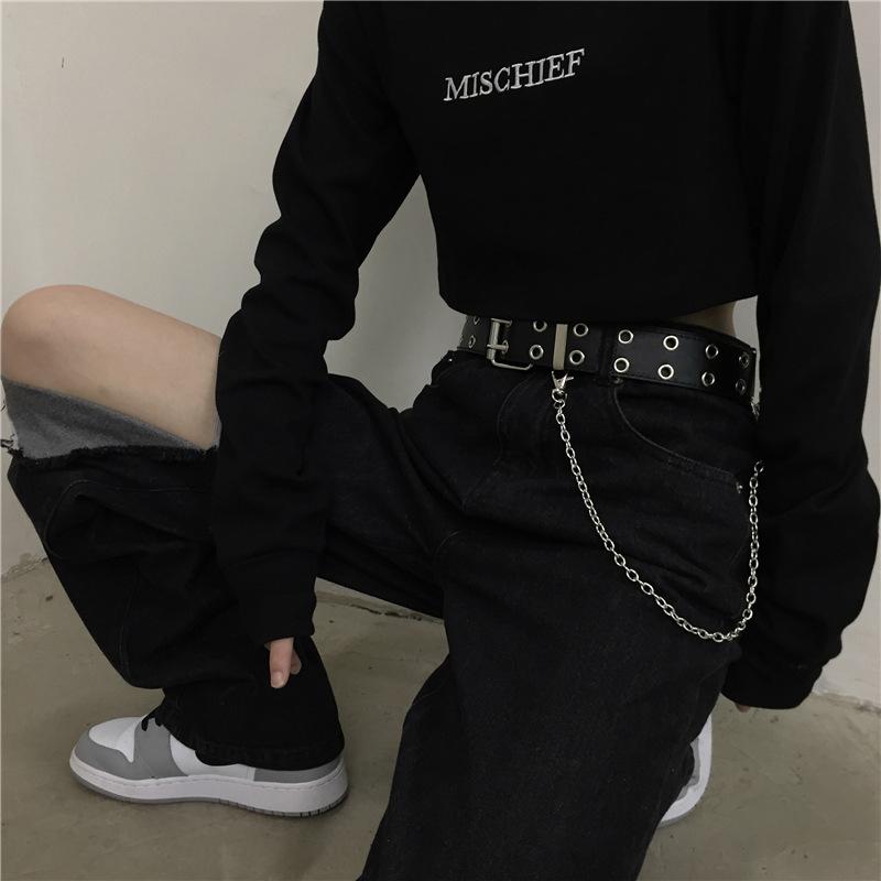 Hip Hop Chain Tassel Belts Punk Studded Pin Buckle PU Belt Y2K Unisex Black Casual PU Jeans Pants Belt For Women Men