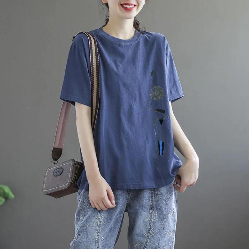 Short Sleeved Women's Summer Korean Round Neck Printed Geometric Large Loose Pullover Casual T-shirts Tops
