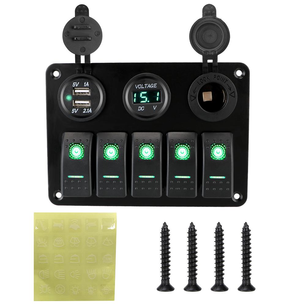 Dobbel USB-sporsocket 12/24V uttak Kombinasjon Digital spenning Vanntett for Marine Car Rv Vehicles Lastebil med sikring 5 Gangs LED Vippebryterpanel