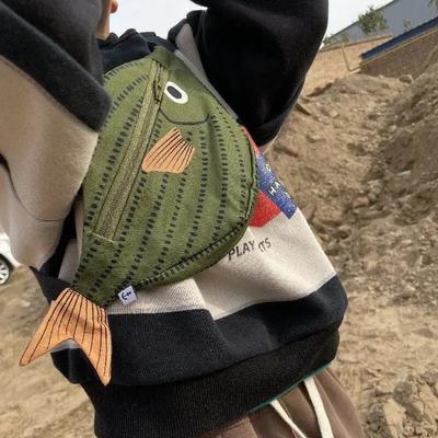 Fischform Canvas Umhängetasche Mode Niedlich Stickerei Tragbar mit Reißverschluss Kleine Geldbörsen Handtaschen Mini Umhängetasche