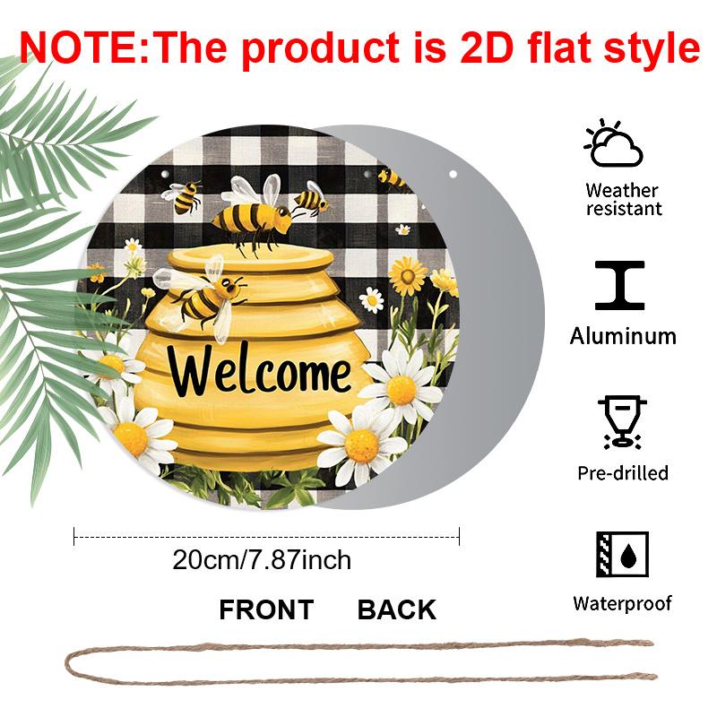 2D Flat, 1pc "Bee Welcome Plus" Monogrammed Round Metal Sign, Ideal for Home, Cafe, Restaurant, Garage, Garden Indoor and Outdoor Use, Event and