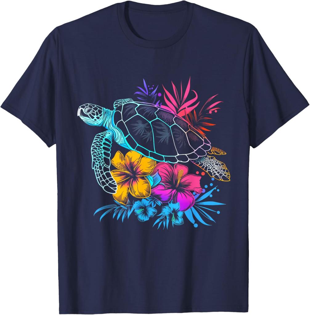 Neon Sea Turtle Hawaiian Flowers Tropical Hibiscus Graphic Tee Casual T-Shirt Men