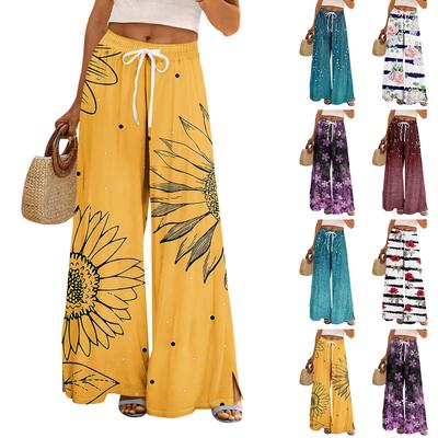 Women Summer Boho Palazzo Pants High Waist Wide Leg Floral Printing Casual Trousers With Pockets