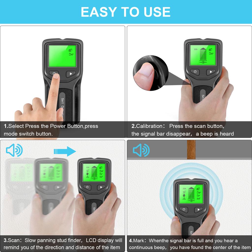 Stud Finder Wall Scanner - 5 in 1 Electronic Stud Detector with HD LCD Display, Wood AC Wire Metal Studs Detection