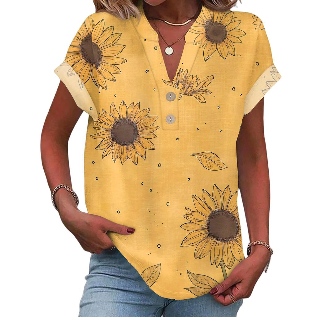 Damen Lässige Mode V-Ausschnitt Knopf Floraler Druck Kurzarm Top