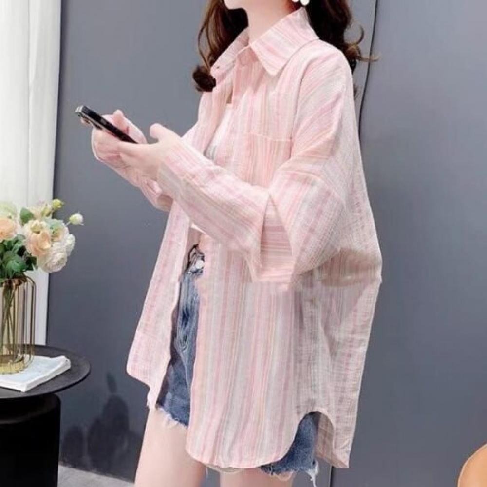 Navava Women Seersucker Stripe Long Sleeve Shirt Nb2656