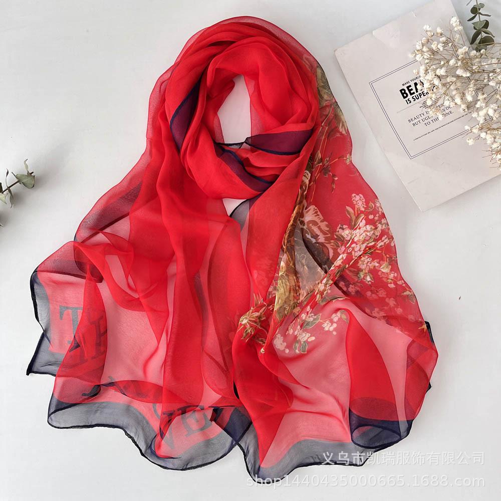 Neuer Sonnenschutz Langer Seidenschal Mohnblume Dünne Imitationsseide Frühling und Sommer Georgette Dekoration Damen Bedruckter Schal