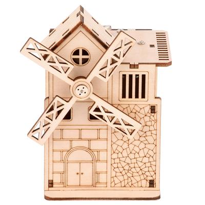 74mm * 73mm * 118mm Wooden 3D Three-dimensional Puzzle Wooden Puzzle Children's Puzzle Windmill Clockwork Sound Box DIY