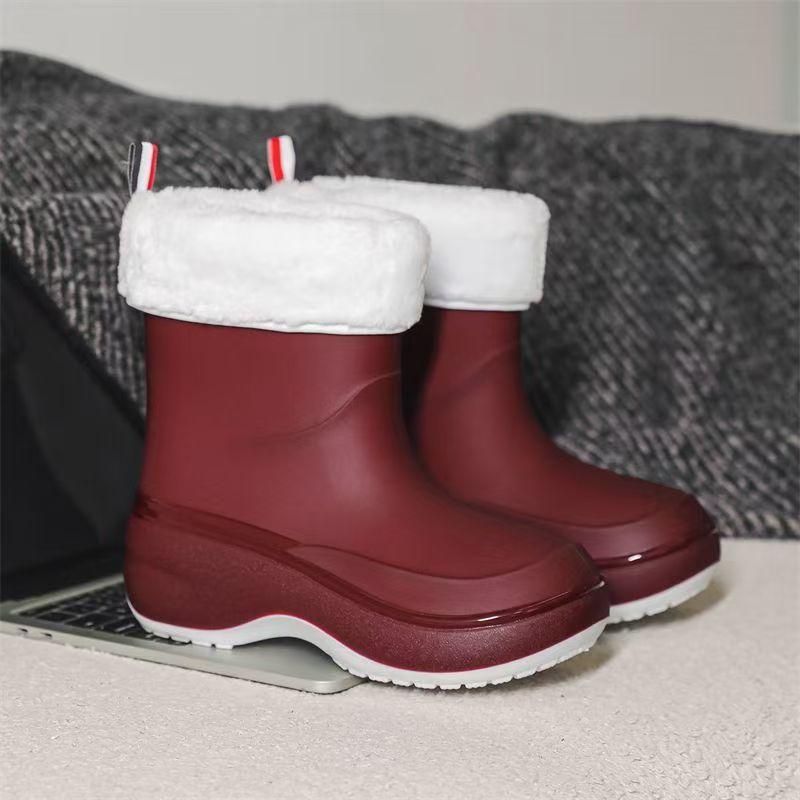 Woman New Thick Sole High Top Rain Boots Waterproof Non Slip Round Toe Detachable Cotton Cover Wedges Fashionable Water Shoes