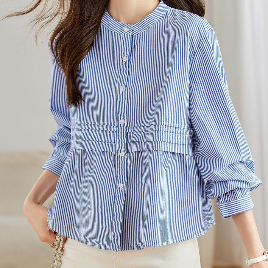 2025 Women's Pure Cotton Striped Long Sleeve Round Neck Shirt – Comfortable, Breathable, Versatile Casual Classic