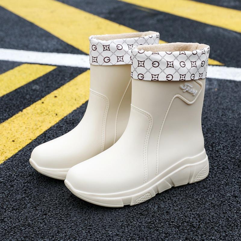 New Rain Shoes Women's Adult Medium Tube Rain Boots Non-slip Water Shoes Velvet Cotton Kitchen Short Rubber Shoes Fashion
