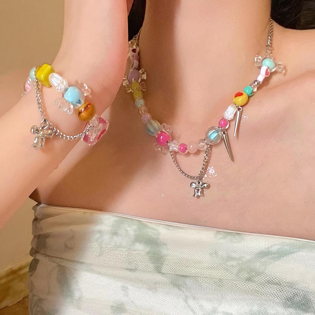 Candy round necklace women's summer niche design sweet color beaded clavicle chain bracelet