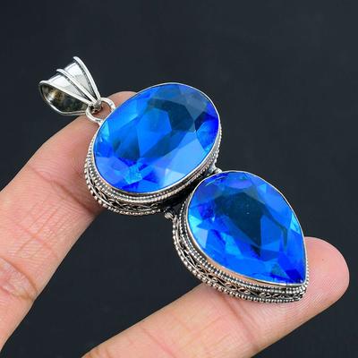 Mavi Topaz Değerli Taş Kolye Katı 925 Ayar Gümüş Kolye Takı Hediye Unisex İçin