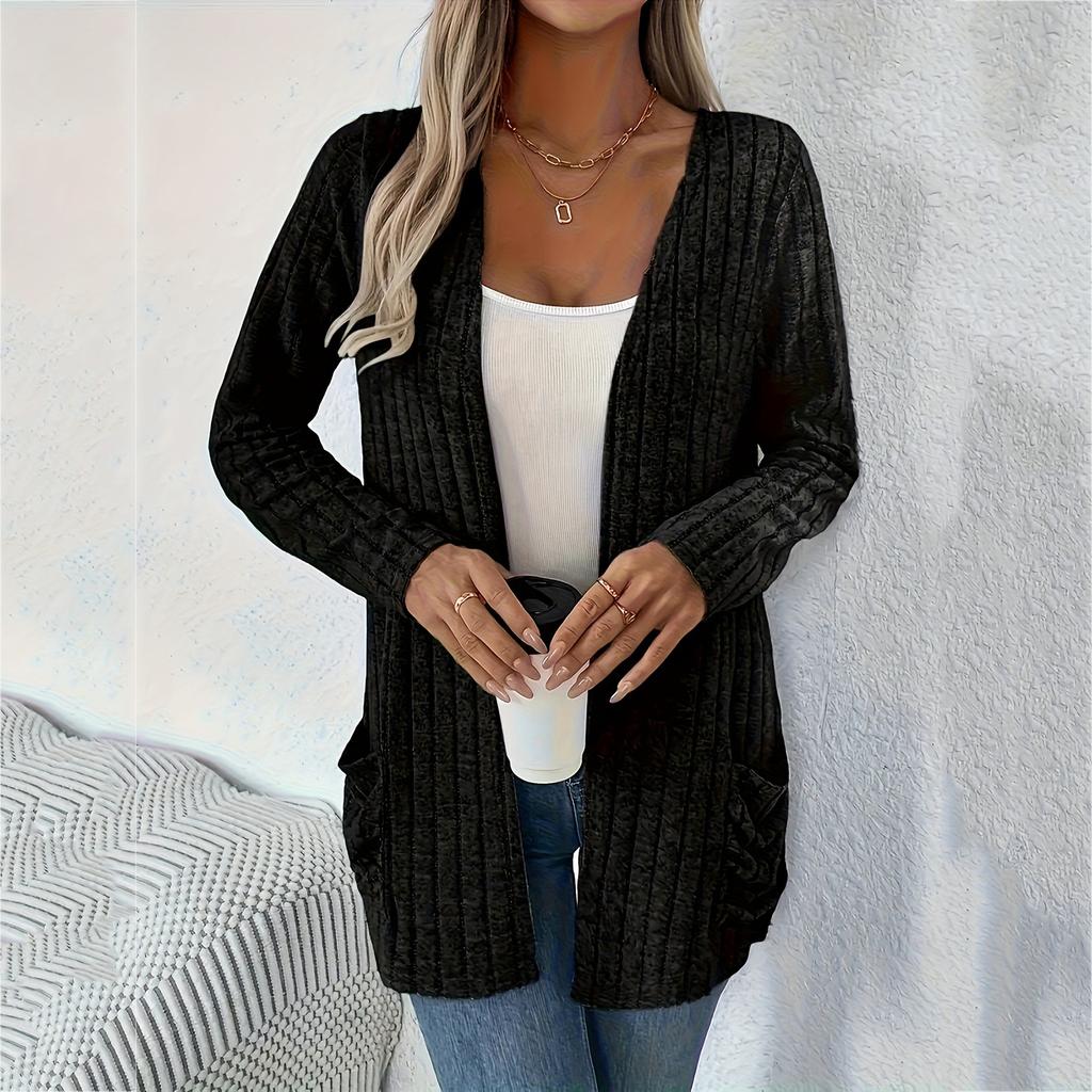 Women's Fashionable Loose Color Ribbed Brushed Pocket Cardigan Long,sleeved Coat