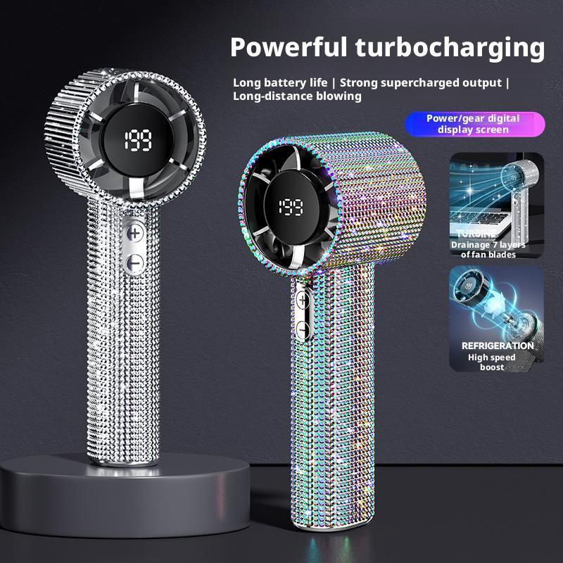 Full Diamond Luxury Craftsmanship Portable Handheld Turbo Fan 3 Gear Wind Long Battery Life With Digital Display