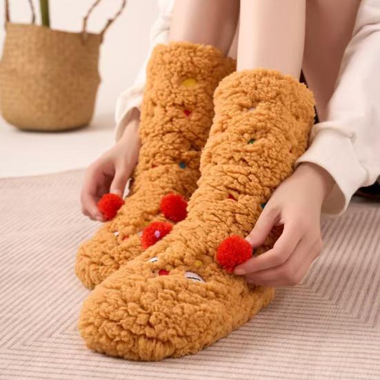 1 Pair Women Socks Cartoon Pattern Thickened Warm Knitting Socks Non-Slip Plush Pilling Resistant Floor Socks