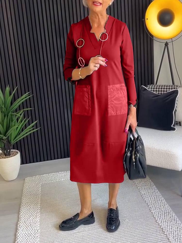 

2024 Осень Женское Повседневное Платье с V-образным вырезом и длинным рукавом с карманом, однотонное 3X-Large красный