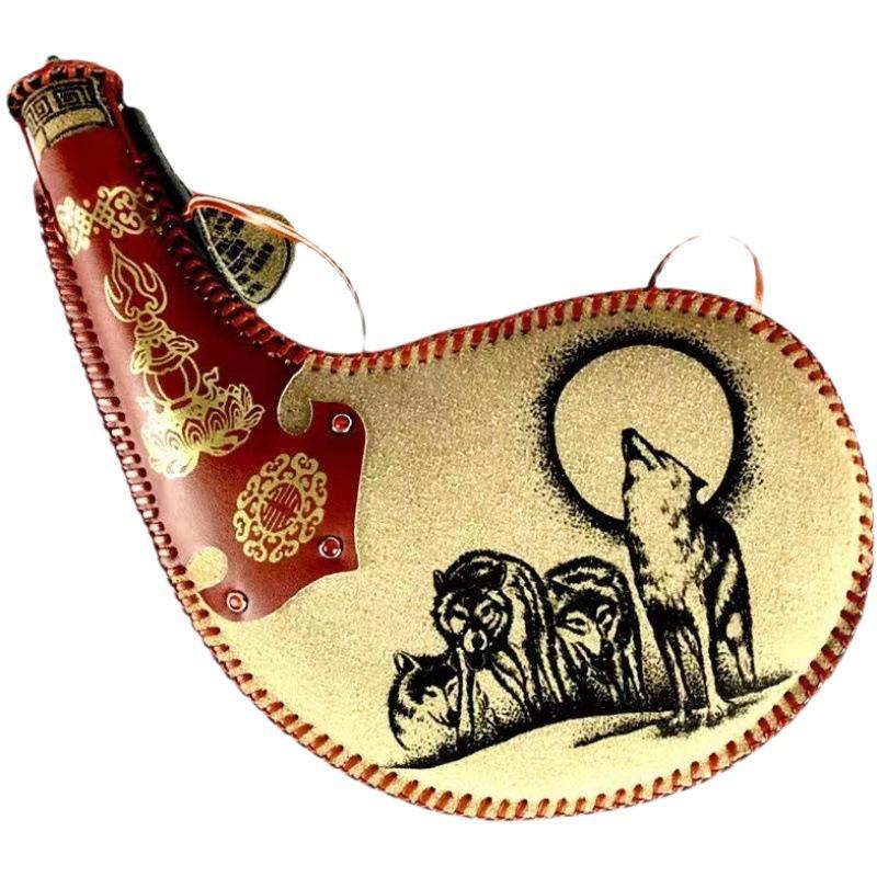 

Шкіряна фляга для вина Човен ручної роботи Сумка для вина Традиційна ємність для води з ременями Монгольська їдальня Посуд для напоїв на відкритому повітрі <500ml