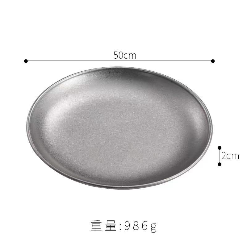 Korean Retro Stainless Steel Dining Plate Silver Reusable Round Tray Dinner Camping BBQ Steaks Restaurant Kitchen Accessories