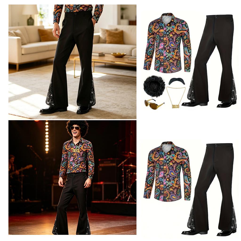 Men's Retro 1970s Halloween Costume Shiny Suit Set with Pants and Jacket