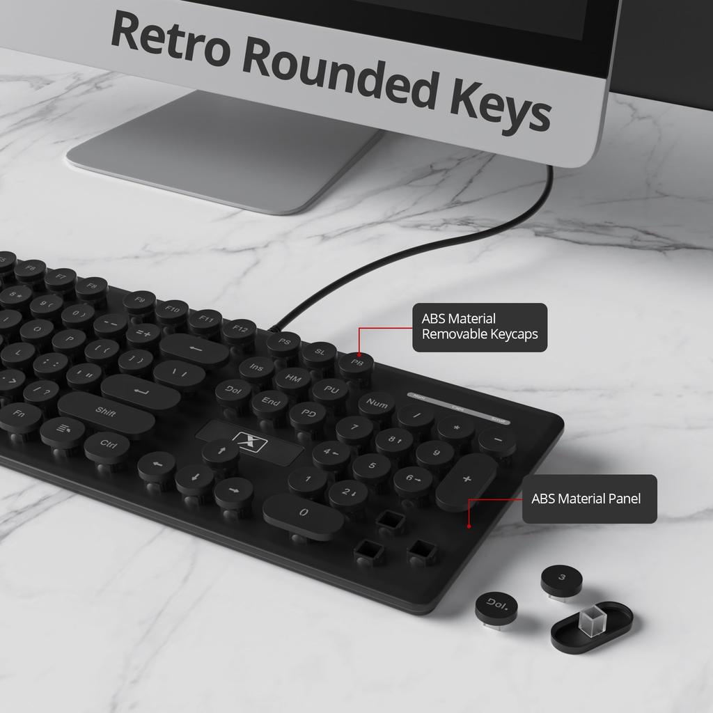 Wired Quiet Membrane Retro Punk Typewriter Green LED USB Gaming Keyboard with ABS Round Keycaps for Keyboard, Full-Size 104-Key Backlit, Ultra-Slim