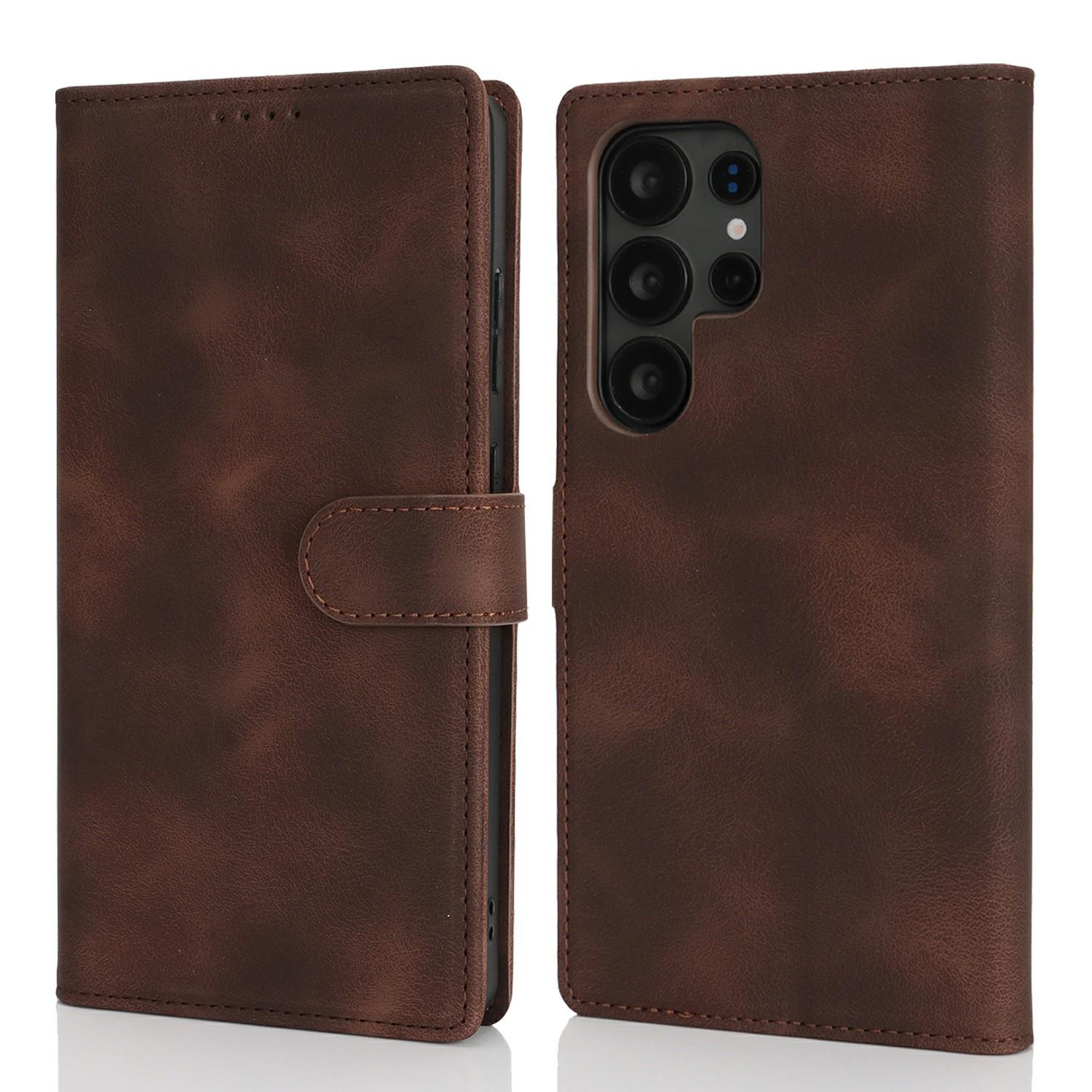 

Для Samsung Galaxy S25 Ultra Чехол-кошелек Двойной сложенный край Кожа на ощупь Искусственная кожа Книжка Чехол для телефона Dark Brown