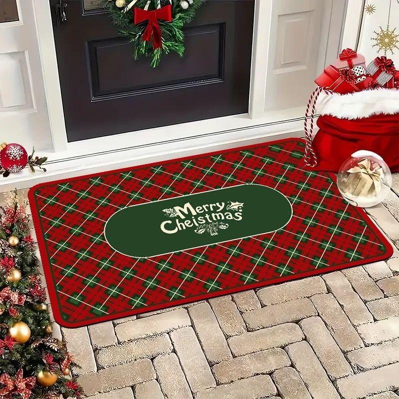 Christmas Checkered Pattern Carpet Mat Holiday Party Anti Slip Carpet Home Decoration Living Room Merry Christmas Train Foot Mat