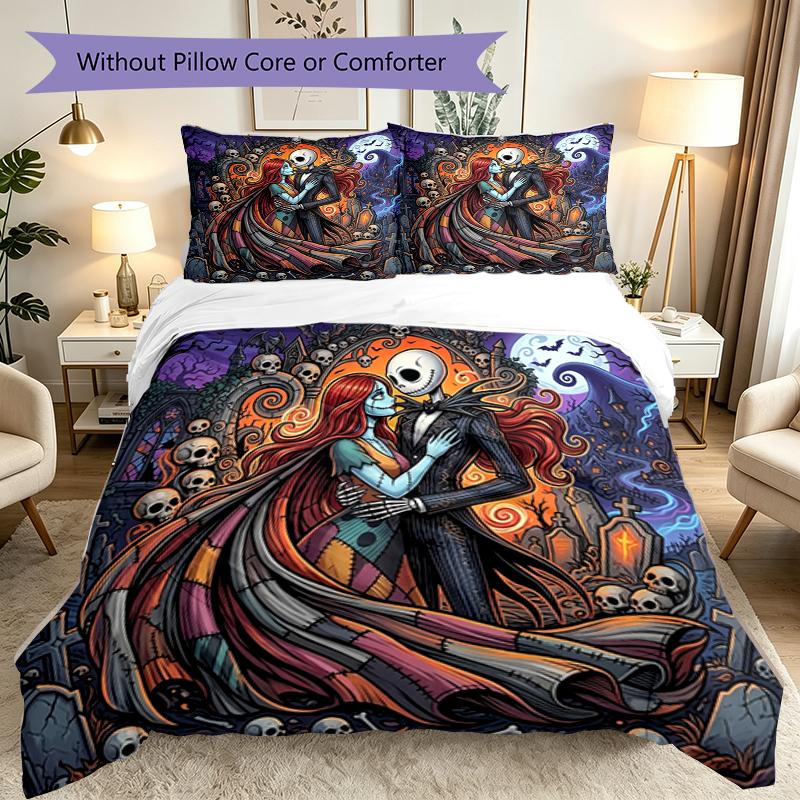 3pcs Halloween Jack Sally Skull Bedding Set for All Season Use, Cozy Printed Bedclothes Suitable For Bedroom Ideal Birthday Gift for Family