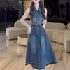 2026 Summer Retro Hong Kong Style Sleeveless Lapel Denim Dress with Waist-Slimming Design
