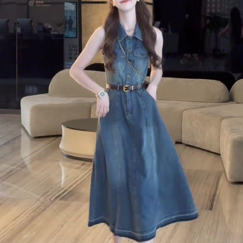 2026 Summer Retro Hong Kong Style Sleeveless Lapel Denim Dress with Waist-Slimming Design