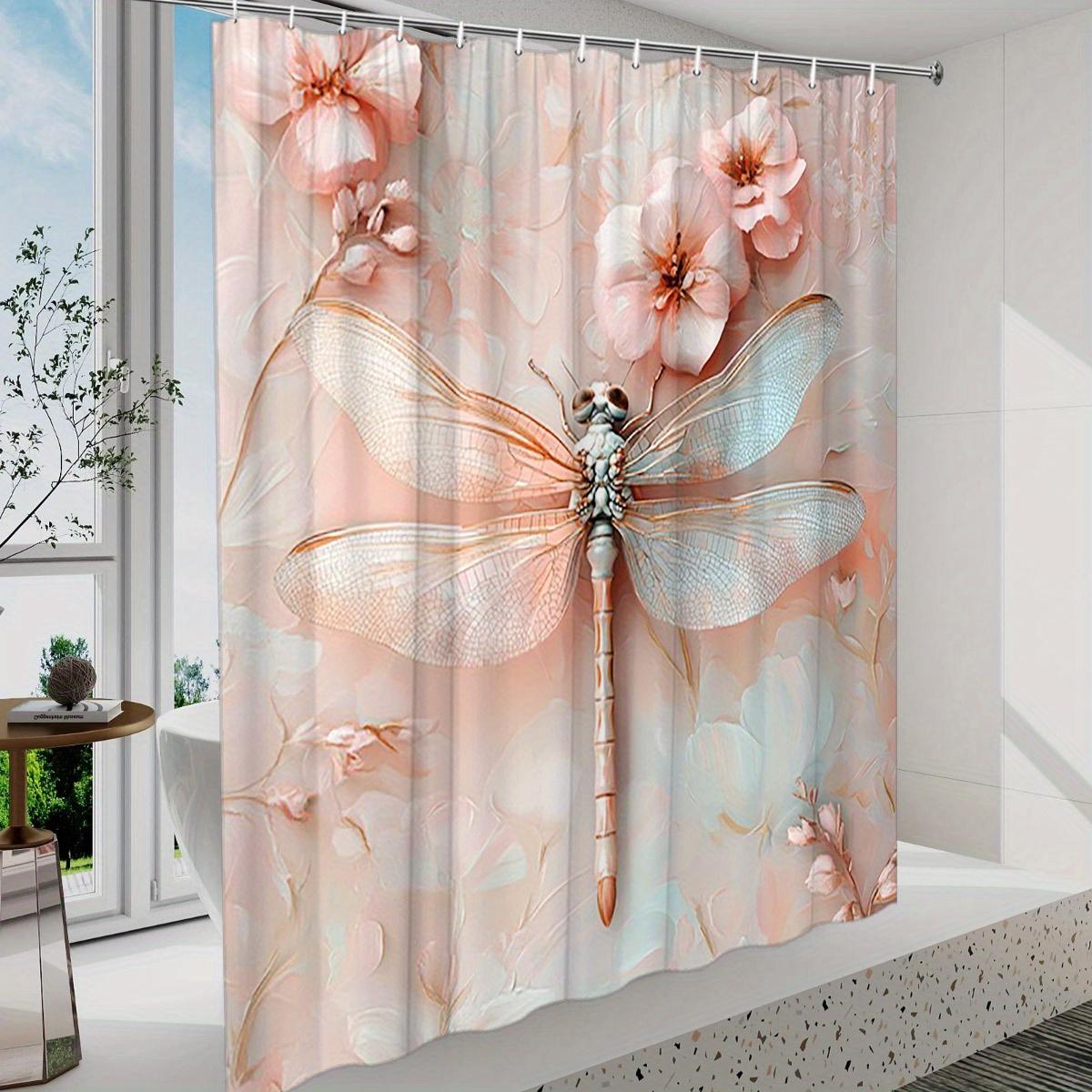 

Dragonfly Shower Curtain - Translucent Wings & Soft Pastel Floral, Dreamy Nature Art, Polyester, 12 Hooks, Easy to Hang & Clean W90XH180cm