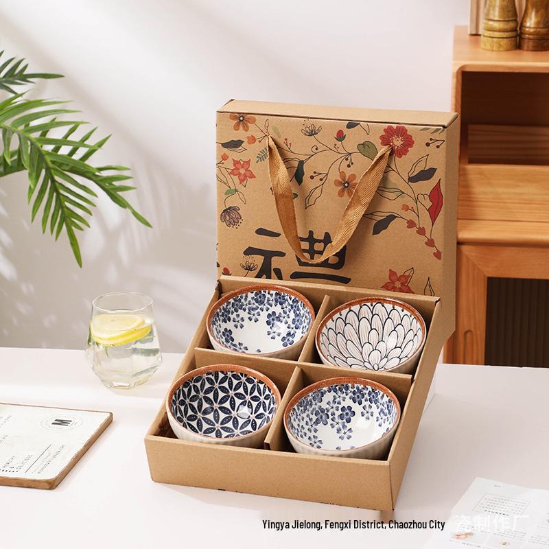 Japanese Style Underglaze Porcelain Rice Bowl Set - Microwaveable Ceramic Tableware for Households & Gifts