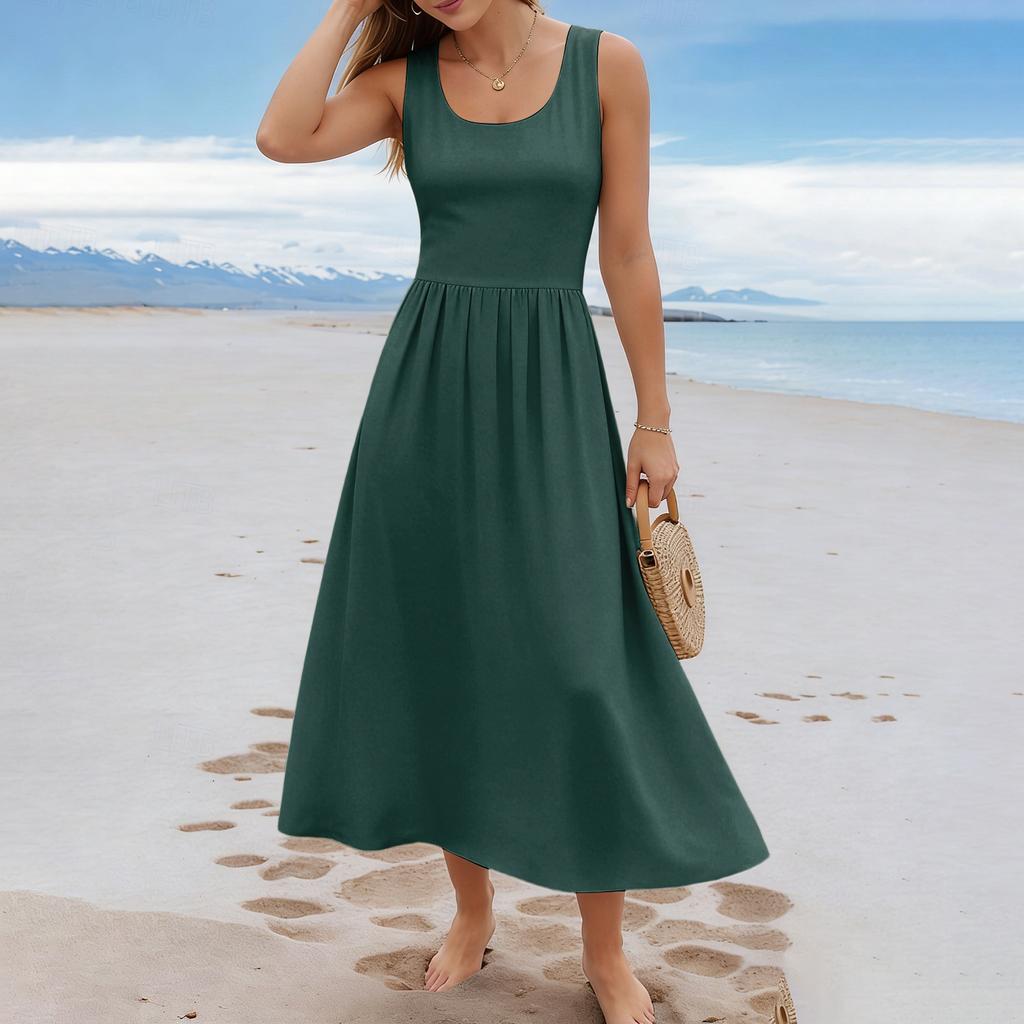 Ärmelloses Langes Freizeitkleid für Damen Sommer Einfarbig Einfach Entspannte Passform Maxikleid für den Alltag Urlaub Büro