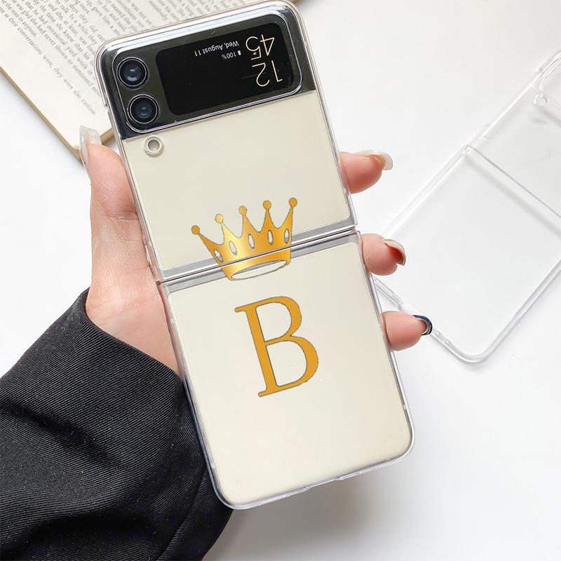 Crown Letter A To b Fashion Phone Case For Samsung Galaxy Z Flip 3 4 5 6 7 Hard Folding Z Flip4 Clear PC Cover Protector Gift