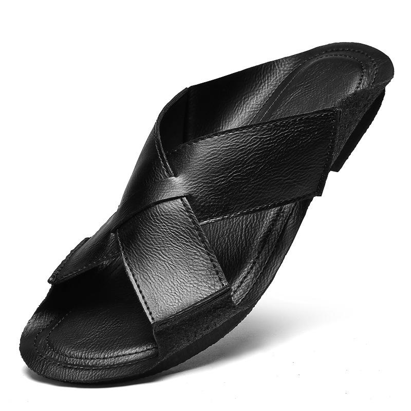 2025 Summer New Two-layer Cowhide Cool Slippers Outdoor Simple Casual Slippers Large Size Light Men's Shoes