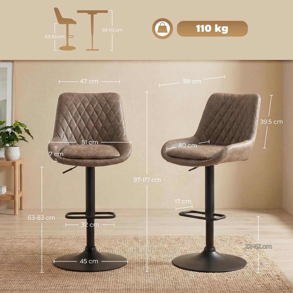 Set of Two Faux Leather Retro Bar Stools - Brown
