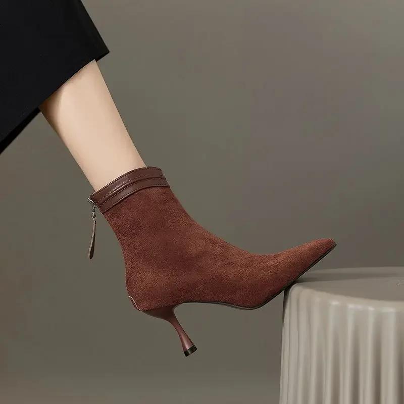 

Зимние новые брендовые женские короткие сапоги, модные элегантные ботильоны с острым носком, на тонком каблуке, туфли-лодочки Zapatos De Mujer 38 светло-коричневого