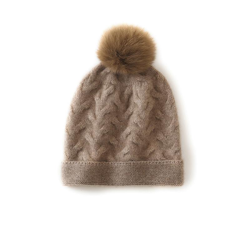 Cashmere Autumn and Winter New Style Women's High End Solid Color Cable Fur Ball Thickened Warm Fashion Knitted Casual Hat