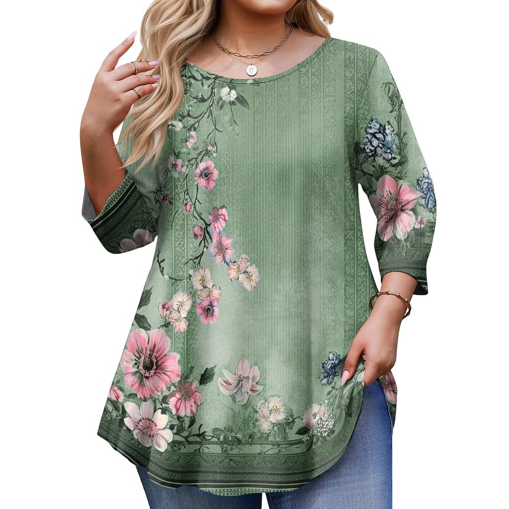 Top Moda da Donna Stampa Floreale Taglie Forti Manica 3/4 Orlo Arrotondato Girocollo