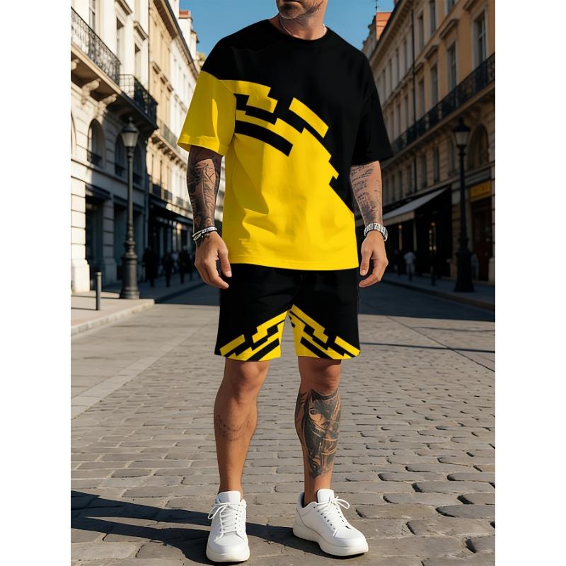 Men s Cool Urban Gradient Design Outfit: High Contrast Yellow Black T-Shirt and Shorts Set. Trendy Big Size Lounge Wear for Beach Holiday S разноцветный