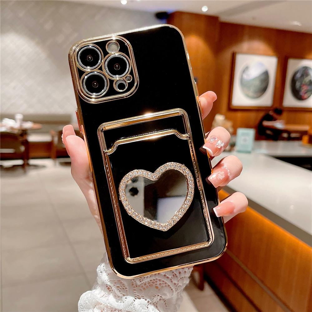 Glitter Rhinestone Love Heart Mirror Plating Wallet Card Case For iPhone 16 15 14 13 11 12 Pro Max XS X 7 8 Plus Soft Slot Cover